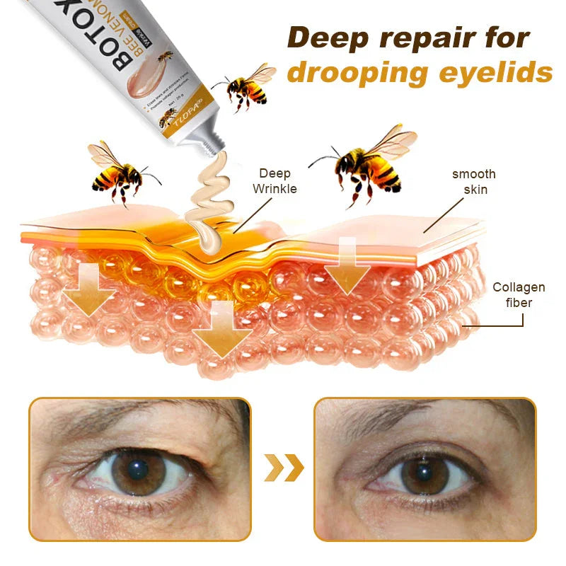 Illustration of a cosmetic product for deep eyelid repair with bees and skin layers.