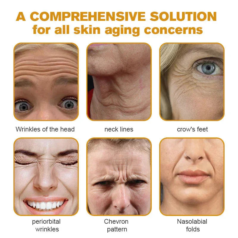 Advertisement for skin care solution targeting various aging concerns with close-up images of facial features.