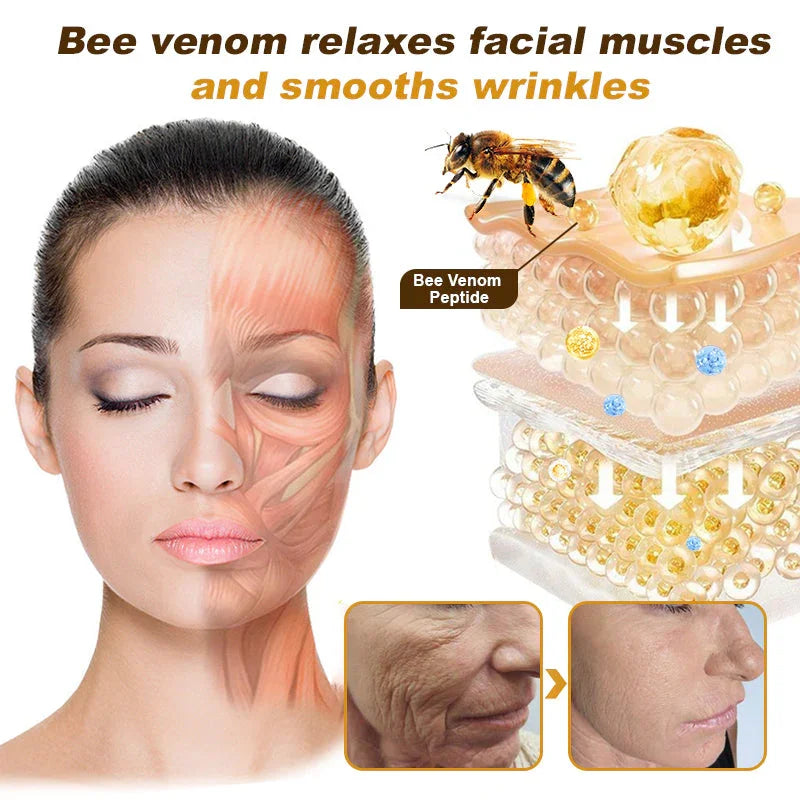 Advertisement for bee venom facial product showing before and after effects on skin.