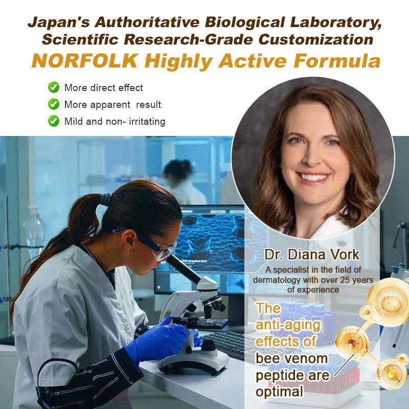 Advertisement for a biological laboratory with a scientist using a microscope and a portrait of Dr. Diana Vork, a dermatology specialist.
